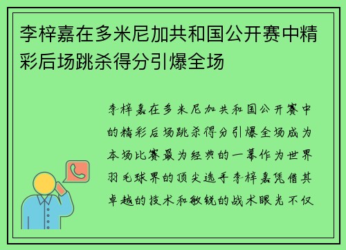 李梓嘉在多米尼加共和国公开赛中精彩后场跳杀得分引爆全场 李梓嘉在多米尼加共和国公开赛中精彩后场跳杀得分引爆全场