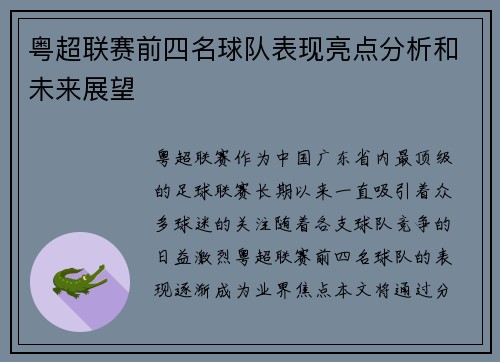 粤超联赛前四名球队表现亮点分析和未来展望 粤超联赛前四名球队表现亮点分析和未来展望