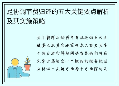 足协调节费归还的五大关键要点解析及其实施策略